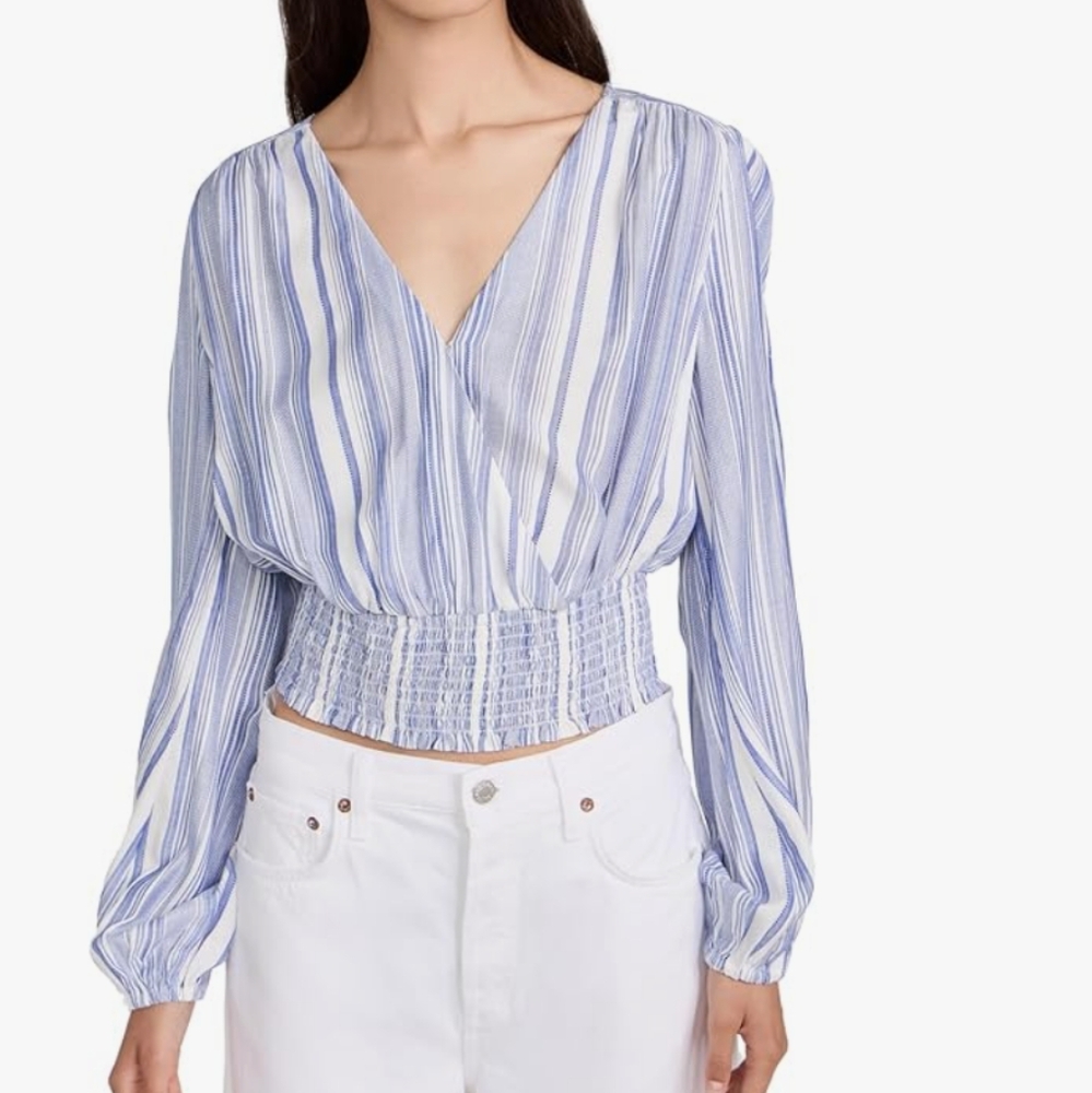 PAIGE Blue and White Striped Smocked Waist Blouse